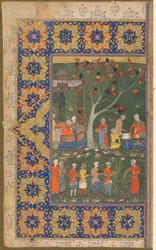 Folio z neidentifikovaného textu; recto: Party in a Garden, Shiraz, Iran, c.1570 (neprůhledný akvarel, inkoust a zlato na papíře)