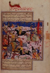 I.O. Islámská 137 f.284v Timurova porážka Amlu Khana a dobytí Dillí, ze „Zafarnamy“ od Sharaf al-Din