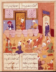 Islámské umění: “”banket s hudebníky””” Miniatura ilustrující básně perského básníka Hafeze (Hafiz Shirazi), perský rukopis. 1554 San Lorenzo de El Escorial, Královská knihovna kláštera El Escorial, Madrid