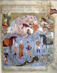 Setkání Siyarvushe a Afrasiyaba z Firdosi Shahnam, 1565-66 (kvaš s plátkovým zlatem na papíře)