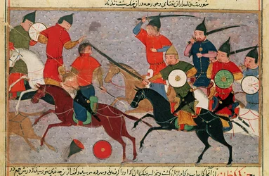 Ms Pers.113 f.49 Čingischán (asi 1162-1227) v bitvě, z knihy Rašíd-al-Dín (1247-1318) (kvaš)