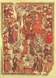 paní Supp. os. 1113 f.126v Čingischán a jeho manželka Bortei dosazeni na trůn před dvořany, list z knihy Jami al Tawarikh (Univerzální historie) od Rašída ad-Dina (1247-1318)