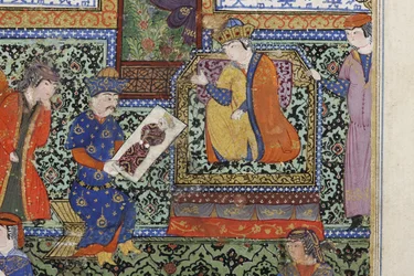 Nushabeh obdrží portrét Eskandara, kolem roku 1475 (neprůhledné wc na papíře)