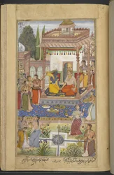 Or.12076 f.95r Krišna vyprávějící Bhímovi o Arjunových skutcích, kterým ženy také naslouchají (Banwari Khurd) z ‚Razmnāmah‘ (‘Kniha války‘), překlad Mahabharaty od Naqib Khana