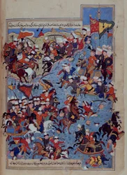 Nebo 5736 fol.122v Bitva mezi Timurem (1336-1405) a Tuqtamish Khan v roce 1395, z ‚Rawzat al-Safa‘ od Mirkhvanda, Turecko