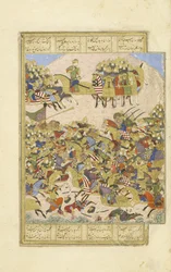 Peršan 239 fol.270a Gusht?sp v bitvě s Asj?sp u Balchu, ilustrace z Shahnamy (Kniha králů), Abul-Qasim Mansur Firdawsi (c.934-c.1020), 1444