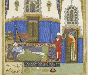 Peršan 239 fol.56b Detail: Tahm?nah přichází do Rustamu, ilustrace z Shahnamy (Kniha králů), od Abul-Qasim Mansur Firdawsi (c.934-c.1020), 1444