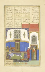 Peršan 239 fol.56b Tahm?nah přichází do Rustamu, ilustrace z Shahnamy (Kniha králů), od Abul-Qasim Mansur Firdawsi (c.934-c.1020), 1444