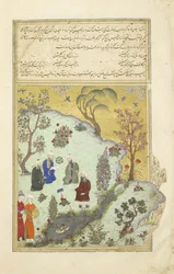 Peršan 239 fol.7a Firdausi se setkává s dvorními básníky Ghazni, ilustrace z Shahnama (Kniha králů), od Abul-Qasima Mansur Firdawsiho (c.934-c.1020), 1444