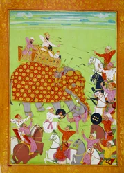 Reprezentace Murada (Mourada) Bakshe (1624-1661), syna mughalského císaře Shah Jehana (nebo Shah Jehan, Shahjehan) bojujícího na slonovi. Perská miniatura 17. století Paříž, B.N.
