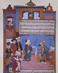 Rumi nabízí svůj opasek žebrákovi, konec 16. století