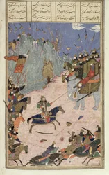 Rustam táhne Khaqana ze svého slona, ilustrace z Shahnamy (Kniha králů), od Abul-Qasima Manura Firdawsiho (c.934-c.1020) c.1440-45 (pero, inkoust a wc na pergamenu)