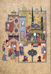 Solomon a Bilqis sedí spolu a otevřeně konverzují, folio z Haft awrang (Sedm trůnů) od Jamiho († 1492) pravděpodobně Mashad, Khurasan, Írán, dynastie Safavidů, 1556-1565 (inkoust, neprůhledný akvarel a