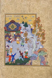 Let želvy, folio z Haft awrang (Sedm trůnů) od Jamiho († 1492) pravděpodobně Mashad, Khurasan, Írán, dynastie Safavidů, 1556-1565 (inkoust, neprůhledný akvarel a zlato na papíře)
