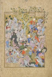 Pir odmítá kachny přinesené jako dárky, folio z Haft awrang (Sedm trůnů) od Jamiho († 1492), pravděpodobně Mashad, Khurasan, Írán, dynastie Safavidů, 1556-1565 (inkoust, neprůhledný akvarel a zlato).