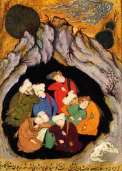„Spící sedm z Efesu““ ze „Zlaté legendy“ od Jacobuse (Jamese) de Voragine (1228–1298). Xilografie XVI. století. Perská miniatura rukopisu „Historie proroků“ ze 16. století, kolem roku 1550