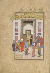 Malý svědek svědčí o Yusufově nevinně, folio z Haft awrang (Sedm trůnů) od Jamiho († 1492) pravděpodobně Mashad, Khurasan, Írán, dynastie Safavid, 1556-1565 (inkoust, neprůhledný akvarel a gol