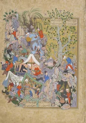 Yusuf je zachráněn ze studny, list z Haft awrang (Sedm trůnů) od Jamiho (zemř. 1492), pravděpodobně Mašhad, Chorásán, Írán, safavidská dynastie, 1556-1565