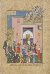 Yusuf káže zulaykhským pannám v její zahradě, folio z Haft awrang (Sedm trůnů) od Jamiho († 1492) pravděpodobně Mashad, Khurasan, Írán, dynastie Safavidů, 1556-1565 (inkoust, neprůhledný akvarel a go