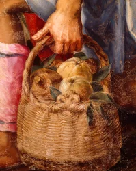 Hedelmäkori, yksityiskohta Peter Candidin (1548-1628) Adoration of Shepherdsistä, öljy paneelille, 248x162 cm