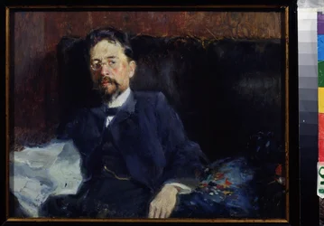 Portrét spisovatele Antona Čechova (1860-1904) (Portrét autora A. Čechova). Obraz Pyotr Alexandrovič Nilus (Pierre Nilous) (Nilouss) (1869-1940/1943), olej na plátně