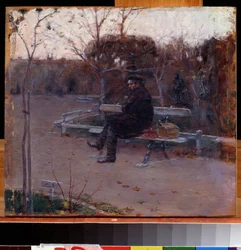 Na Boulevardu (Na Boulevardu). Muž sám, sedící na lavičce v mrazu, blízko něj, batoh a skříňka na nářadí. Obraz Pyotr Alexandrovič Nilus (Pierre Nilous) (Nilouss) (1869-1940/1943), olej na plátně