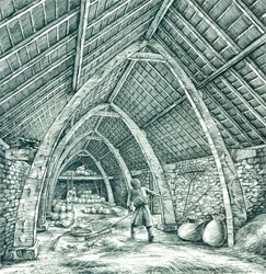 Stodola středověké fary, Wharram Percy, Severní Yorkshire, c1988-c2005.