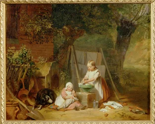 Die Puppenwaesche im Garten - Prádlo pro panenky v zahradě... (olej na dřevě)