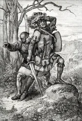Vévoda Leopold I. Rakouský, lord Habsburský zachraňuje jedním ze svých společníků v bitvě u Morgartenu dne 15. listopadu 1315 proti švýcarským konfederacím ve Švýcarsku (bitva u Morgartenu dne 15. listopadu 1315, Leopold I., vévoda rakouský zachráněn voják