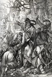 Císař Karel Veliký (asi 742-814) ve válce proti Sasům, 772 (císař Karel Veliký (Karel Veliký) během saských válek, 772) Kresba peří z „Historische Memorabilian des In-und Auslandes“ (Historické suvenýry) od Antona Zieglera