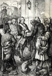 Francouzská revoluce: král Ludvík XVI. přijímá od pařížského starosty Jean-Sylvaina Baillyho trikolorní kokardu