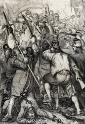 Francouzská revoluce: ozbrojený a rozzuřený dav vniká po padacím mostě a během dobytí Bastily vraždí posádku a guvernéra