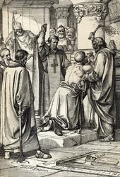 Anglický král Jindřich II. (1133-1189), zapletený do vraždy Thomase Becketa, činí pokání u hrobu arcibiskupa