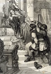 Moskevské povstání z roku 1682 (zrušení streltsy z roku 1682): Carina Natalia Narychkina chránící svého syna prince Petra (1672-1725) před útoky streltsy (strelets), Rusko (Moskevské povstání z roku 1682 nebo streltsy povstání: Tsarina Natal