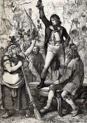 Vypuknutí Francouzské revoluce v roce 1789: shromážděný lid je vyzýván, aby zvolil barvu kokardy a chopil se zbraní