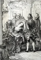 Dánská královna Karolina Matylda (1751-1775), donucená po mimomanželském vztahu v roce 1772 podepsat rozvodové dokumenty. Perokresba
