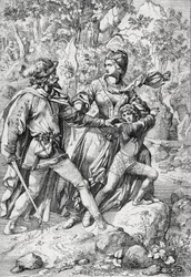Anglická královna Margaret z Anjou (1430-1482) a její syn Edward zachráněni lupičem během letu po triumfu Yorkistů