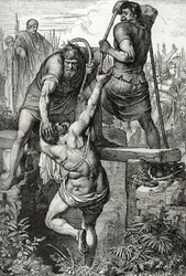 Byzantský císař Zenon (425-491) se vrátil do Konstantinopole, nechal uzurpátora Flavia Basiliska (Baziliška) zavřít se svou rodinou, 477 (zemřel Basiliscus uzavřený v suché cisterně, aby zemřel na následky vystavení, římským císařem Zeno, 477) Kresba pero 