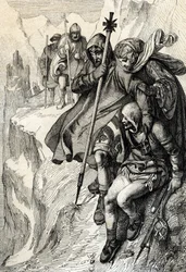Král Římanů Jindřich IV. kolem průsmyku Mount Cenis, aby překročil Alpy a jel k hraběnce Mathilde z Toskánska do Canossa, kde papež Gregoire VII., leden 1077“ (Henry IV přešel přes Alpy průsmykem Mont Cenis, aby se dostal k hradu Canossa a