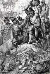 Pytel Říma (Itálie), v roce 410, odvezen z města a vydrancován Vizigóty vedenými Alarichem (370-410) (Vyplenění Říma Vizigóty vedenými Alarichem I. v roce 410, za vlády císaře Honoria) Kresba pero nakreslené z „Historische Memorabilian des In-
