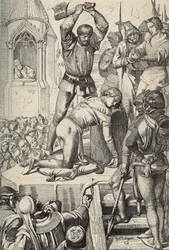 Poprava Konradina (nebo Konráda z Hohenstaufenu), krále Sicílie a vévody švábského (1252-1268), na příkaz Karla z Anjou po bitvě u Tagliacozza v roce 1268 (Poprava Konradina neboli Konráda Mladšího, posledního štaufského krále Sicílie, následující)