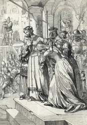 Poprava lady Jane Greyové (Jeanne Grey) (1537-1554). Jane Greyová byla v roce 1554 popravena v londýnském Toweru. Pérová kresba z díla Anton Zieglera „Historische Memorabilian des In- und Auslandes“