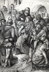 Věrné ženy z Weinsbergu: manželky vojáků poražených Konrádem III. z Hohenstaufenu při obléhání Weinsbergu v roce 1140 nesou své manžely na zádech, Německo (Věrné manželky během obléhání Weinsbergu)