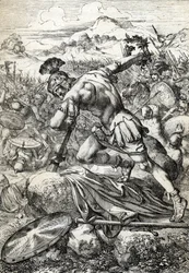 Sebevražda římského generála Vara (Publius Quinctilius Varus) (46 př. n. l.-9 n. l.) na vlastním meči v bitvě v Teutoburském lese proti Germánům v roce 9 n. l.
