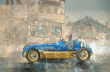 Modré a žluté Maserati of Bira (olej na plátně)
