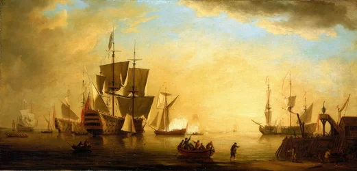 Britská budova s dalšími zakotvenými loděmi za soumraku. Olej na plátně, počátek 18. století, autor Peter Monamy (1681-1749).