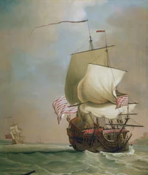 Obchodní loď britské Východoindické společnosti. Olej na plátně, kolem roku 1720, autor Peter Monamy (1681-1749).