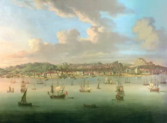 Britské loďstvo vplouvající do lisabonského přístavu, 1735