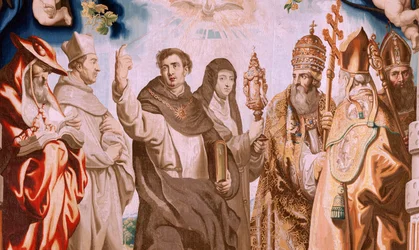 Vlámský gobelín. Seriál Triumf eucharistie. Obránci eucharistie (os defensores de la Eucaristia). Desátá tapisérie v sérii. Model Peter Paul Rubens. 1626-1628. Výroba Jan II Raes, Hans Vervoert, Jacques Fobert, Brusel