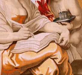 Vlámský gobelín. Seriál Triumf eucharistie. Moudrost je inspirována Duchem svatým (La Sabiduría inspirada por el Espíritu Santo). Devatenáctá tapisérie v sérii. Model Peter Paul Rubens. 1626-1628. Výroba Jacob II Geubels, Brusel